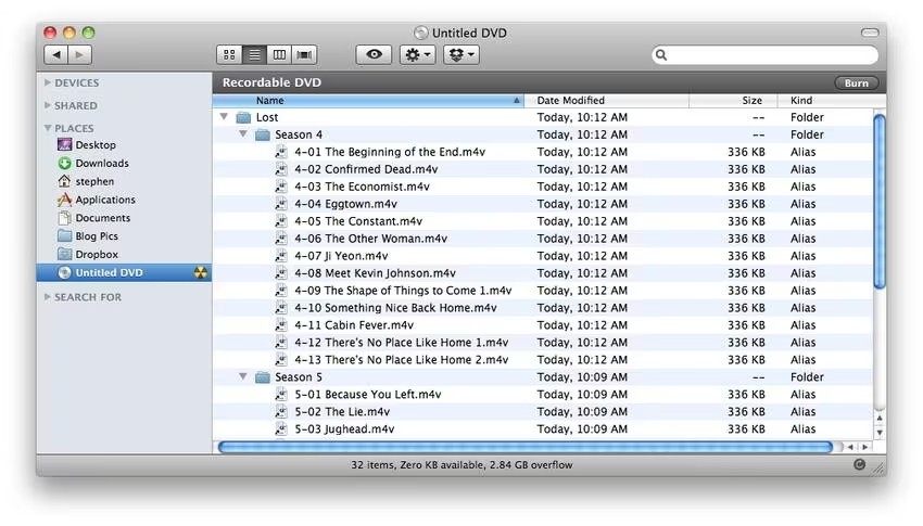 Filme mit Finder auf dem Mac auf DVD brennen.