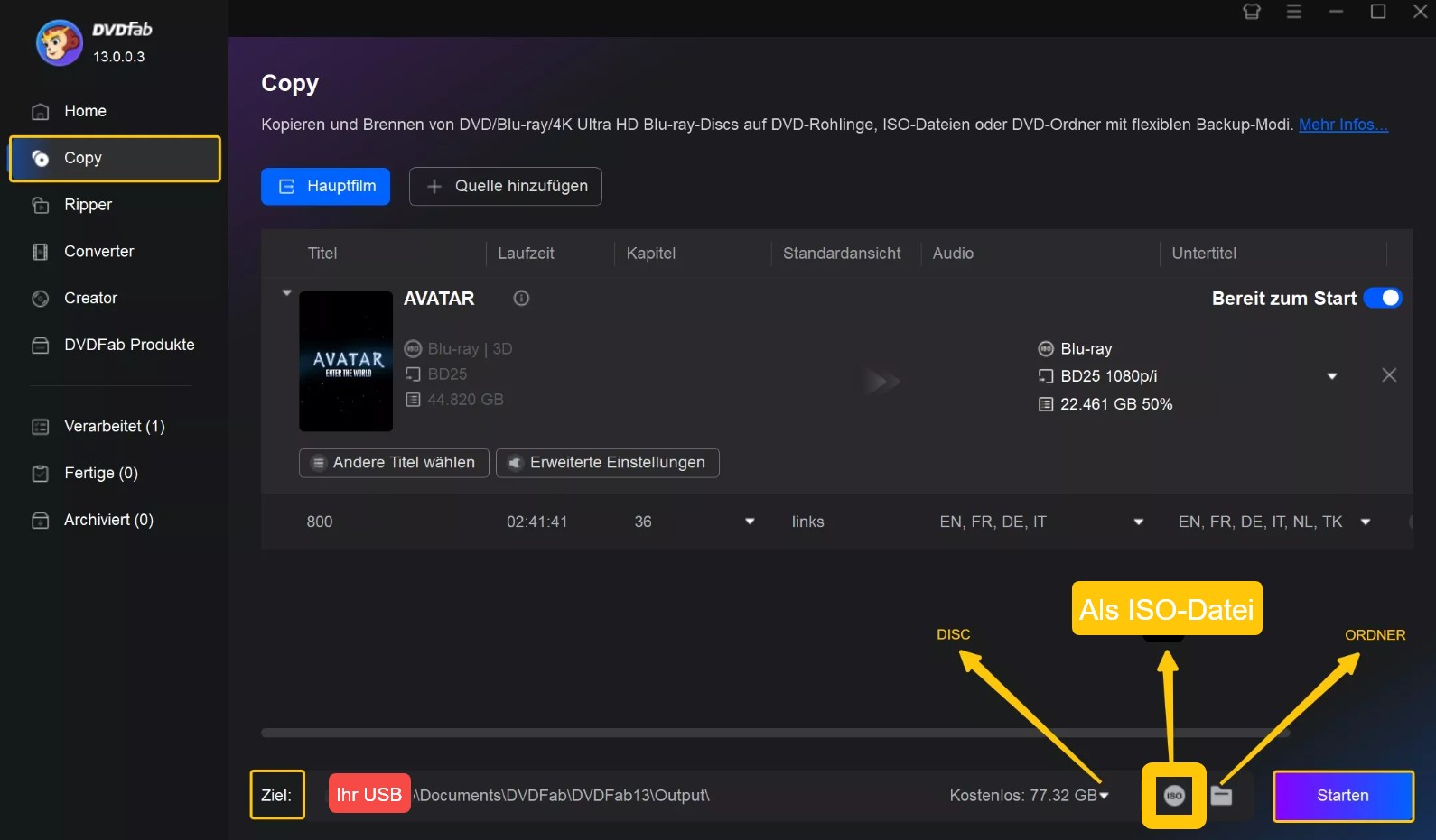 Blu-ray kopieren mit DVDFab Blu ray Copy: Kopieren oder Brennen starten