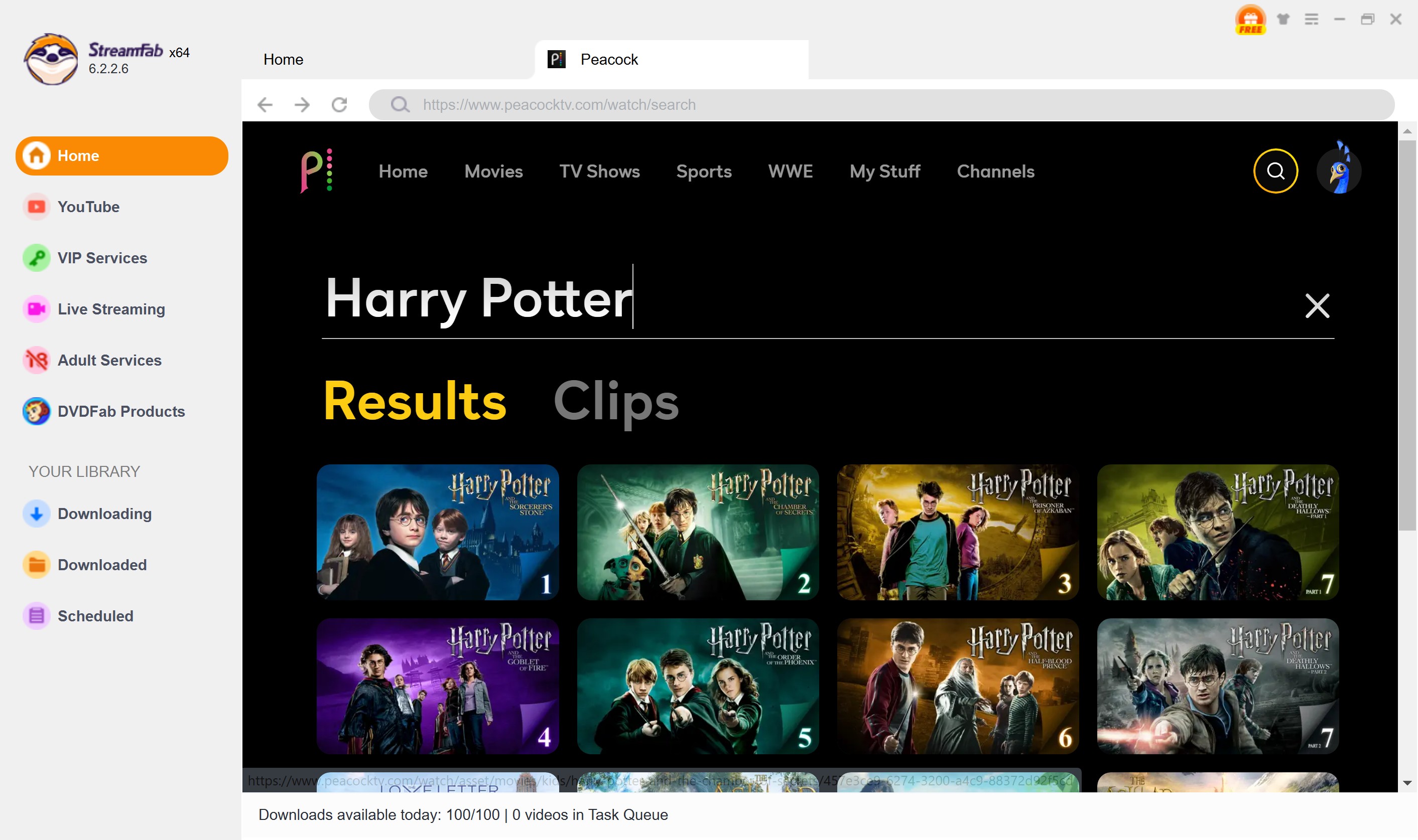 StreamFab Interface - Navigation web - Recherche de films dans le catalogue