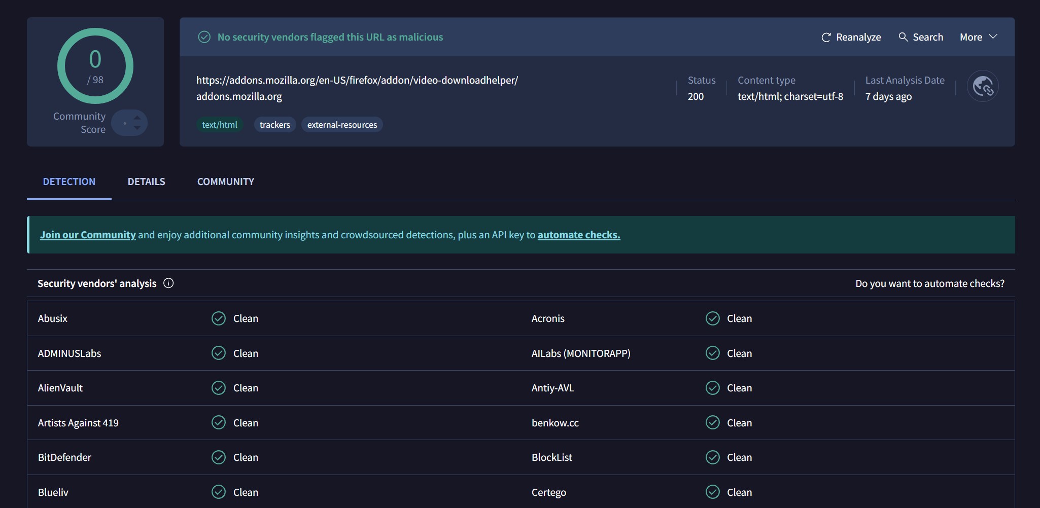 Sicherheitserklärung durch VirusTotal