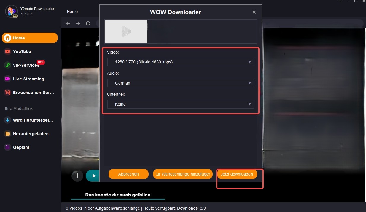 Herunterladen-Schnittstelle von Y2Mate WOW Downloader