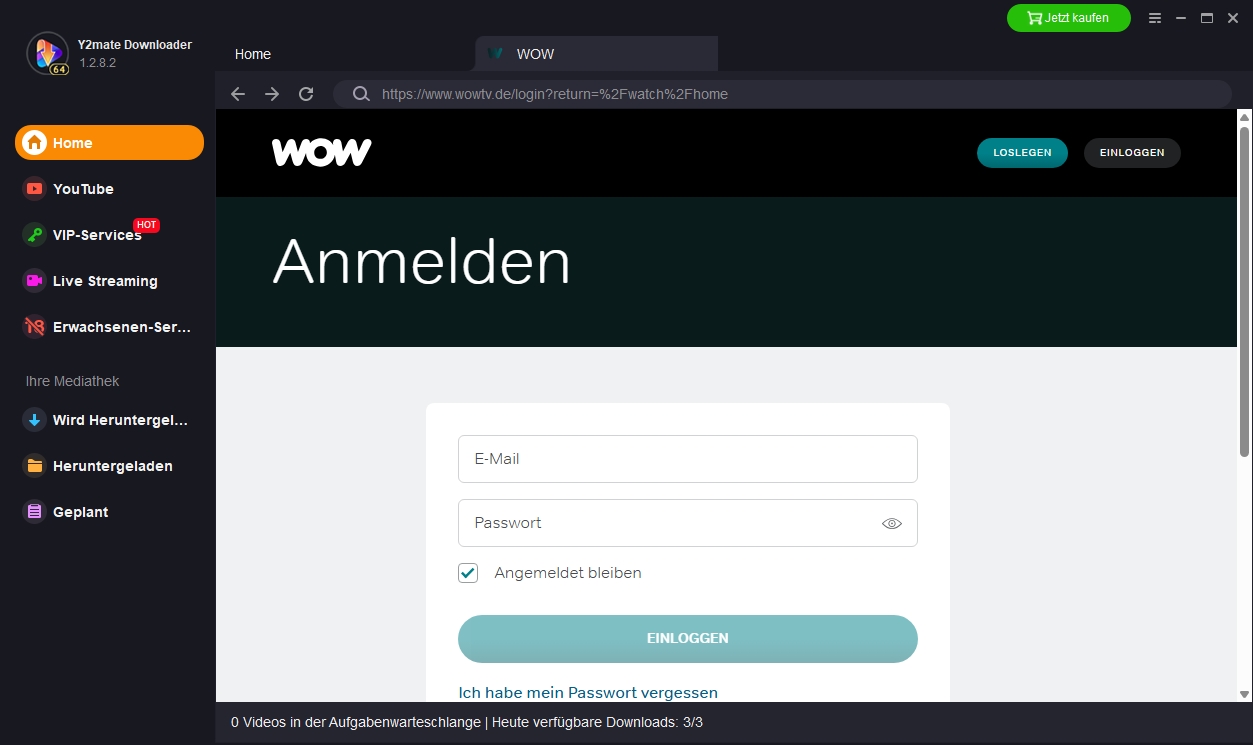 Anmelden-Schnittstelle von Y2Mate WOW Downloader