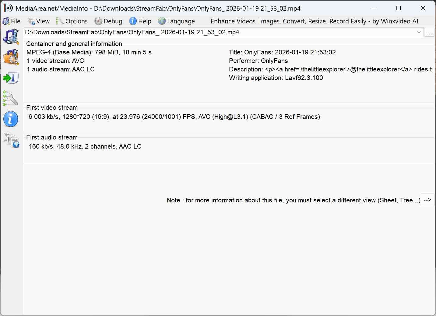 Qualitäts-Screenshot von OnlyFans-Videos, die mit StreamFab OnlyFans Downloader über MediaInfo heruntergeladen wurden