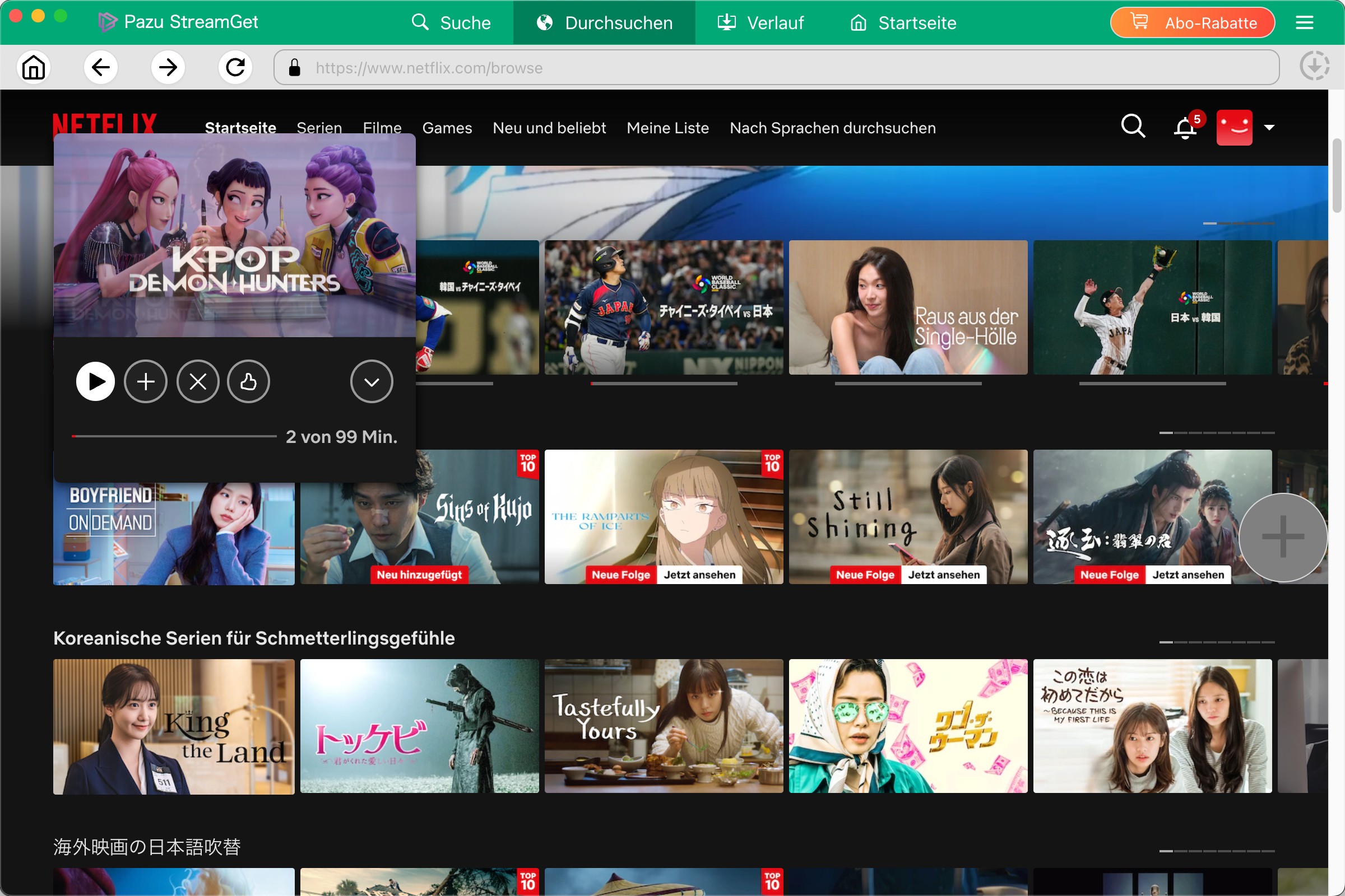 Integrierter Pazu StreamGet Browser zeigt die Netflix-Startseite mit KPop Demon Hunters als Vorschau