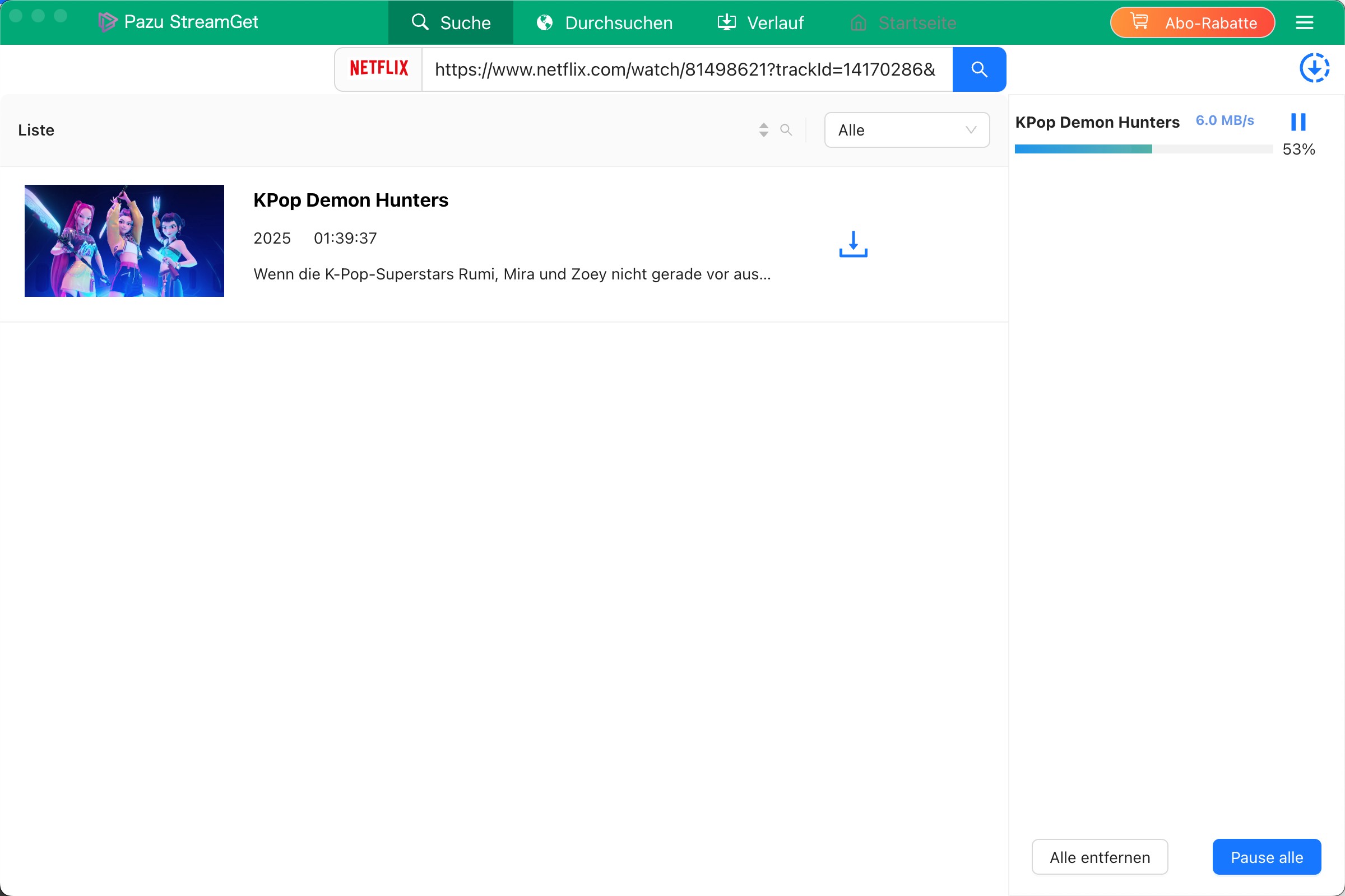 Download-Fortschrittsanzeige in Pazu StreamGet: KPop Demon Hunters bei 53% mit 6,0 MB/s Geschwindigkeit