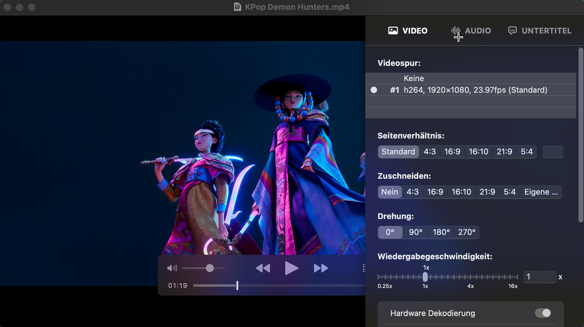Der Player bestätigte: h264, 1920×1080, 23,97 fps – Hardware-Dekodierung aktiviert