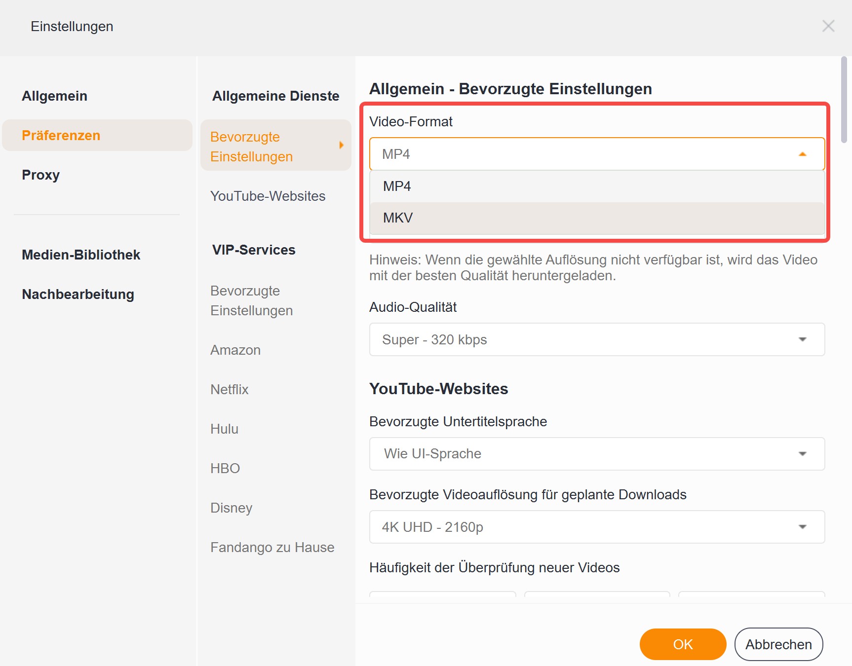 Einstellung bei StreamFab für MP4/MKV