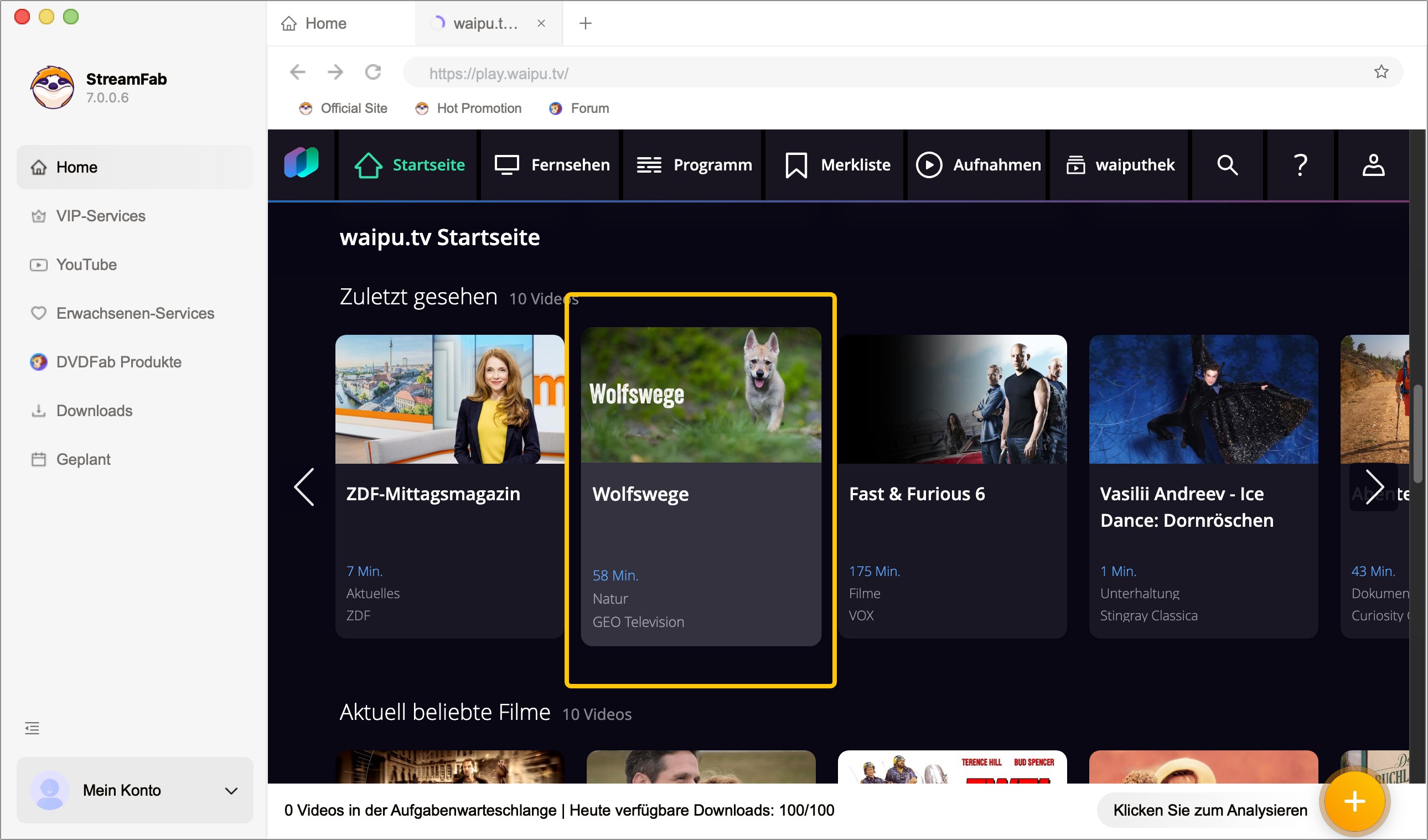 Waipu Login & Auswahl Anmeldung im integrierten Waipu.tv Browser innerhalb von StreamFab zur Identifikation von VOD-Inhalten