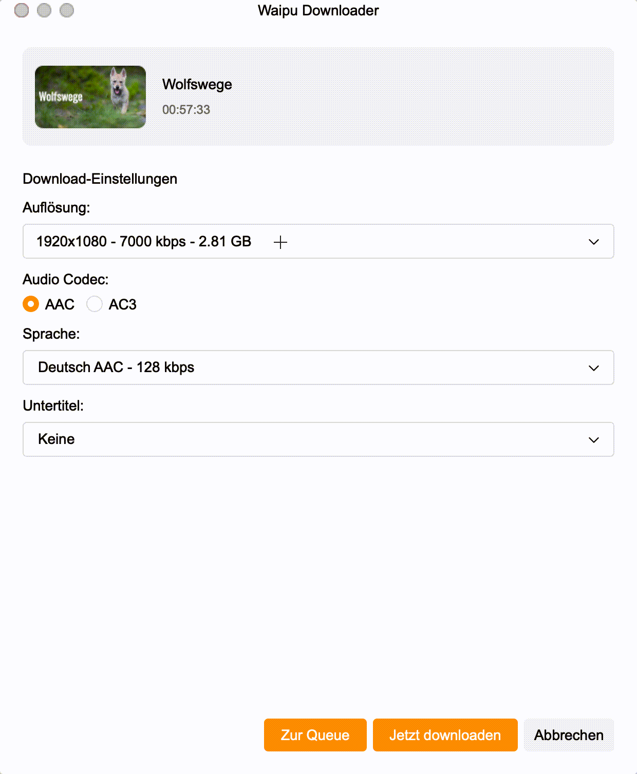 Download Einstellungen Download-Konfigurationsmenü in StreamFab: Auswahl von 1080p Auflösung und AAC Audio für Waipu.tv