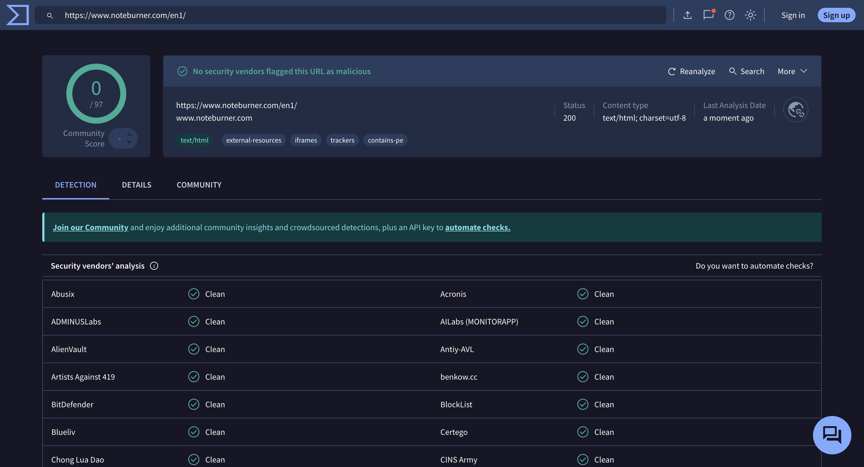 NoteBurner Review: Is It a Reliable Audio and Video Downloader? virustotal test