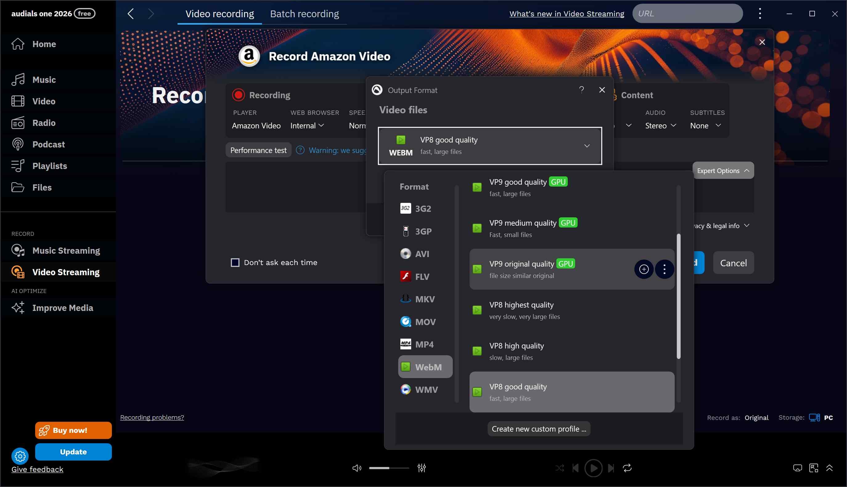 a screenshot of audials one format supports on amazon prime video