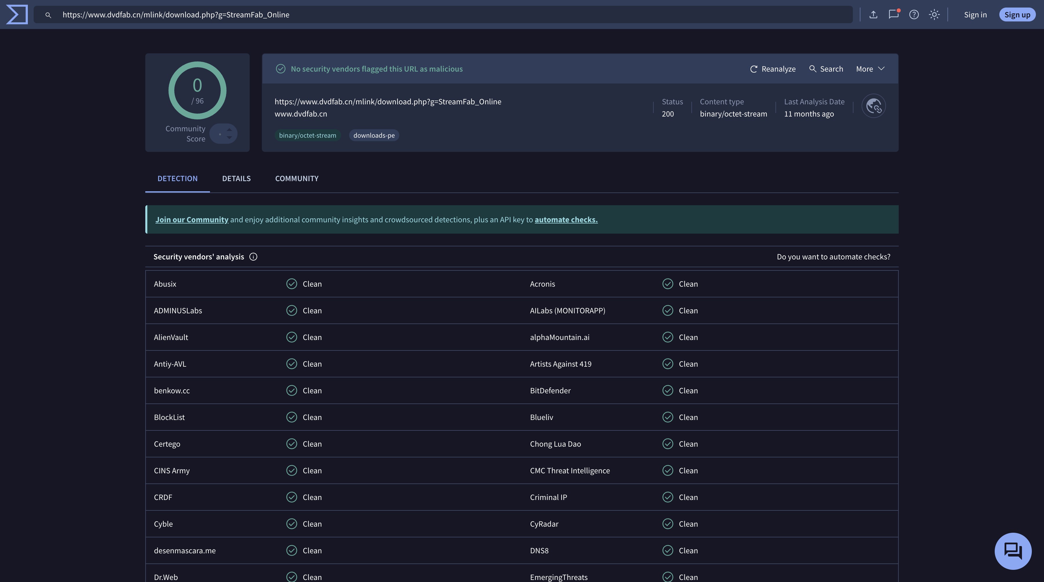 Taking StreamFab as an example, we have run its official installer through VirusTotal, the internationally recognized virus-scanning platform. The results confirm it is 100% clean, containing no viruses or malware.